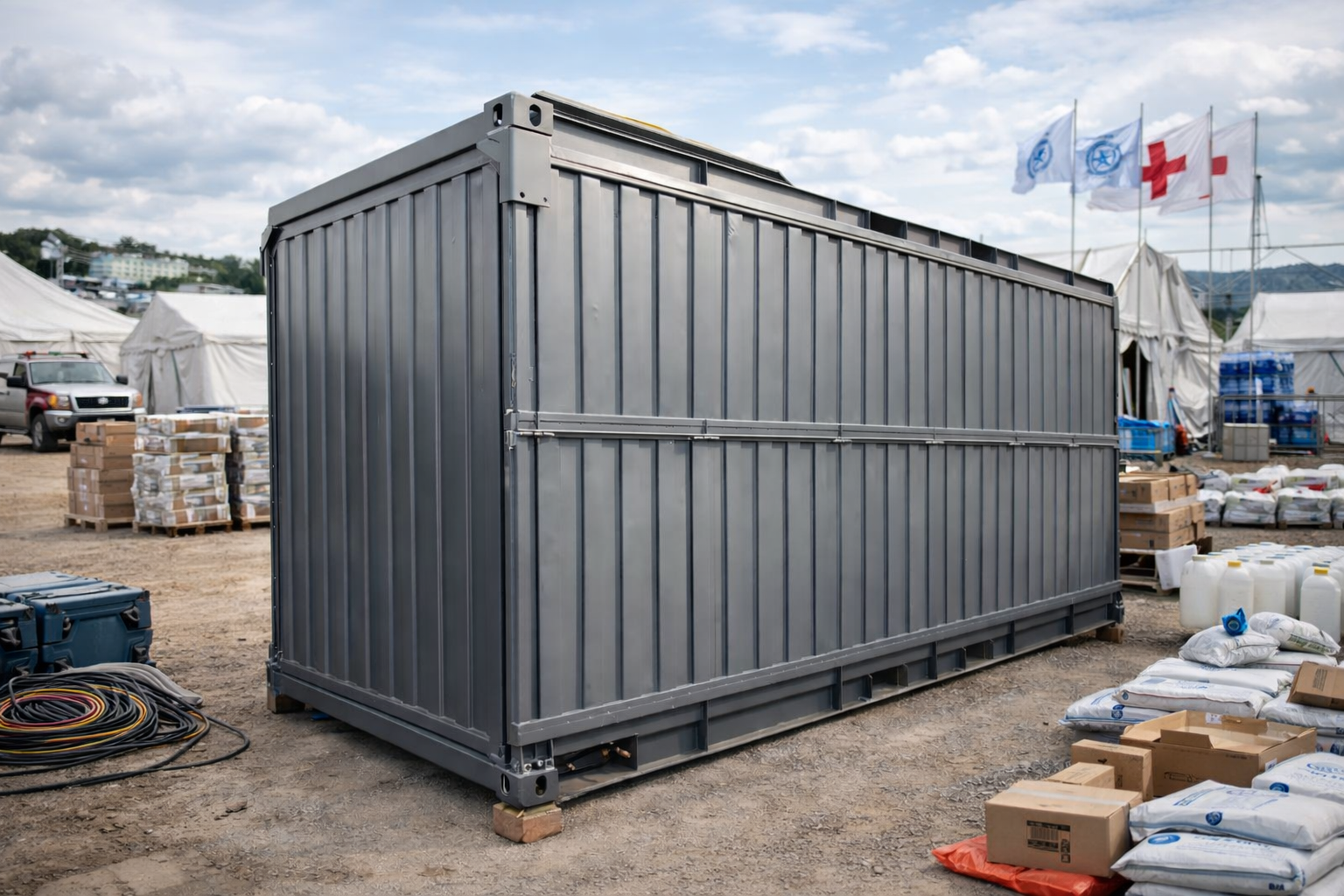 Foldable container in the humanitarian aid