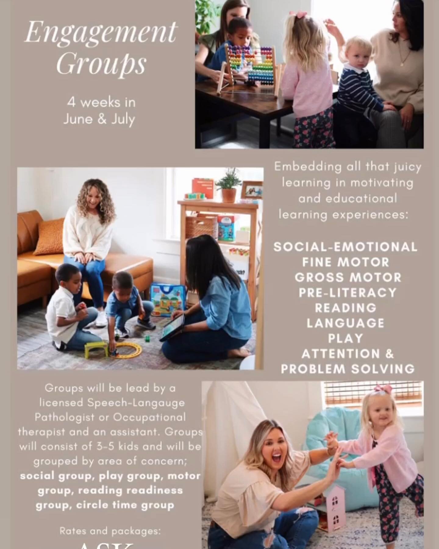 Summer is here so soon and we are bringing back our summer engagement groups! ☀️ 

Our themed groups will run in June and July and have unique activities to address engagement, language, motor, school readiness, and social skills 🎨🧩

Please contact