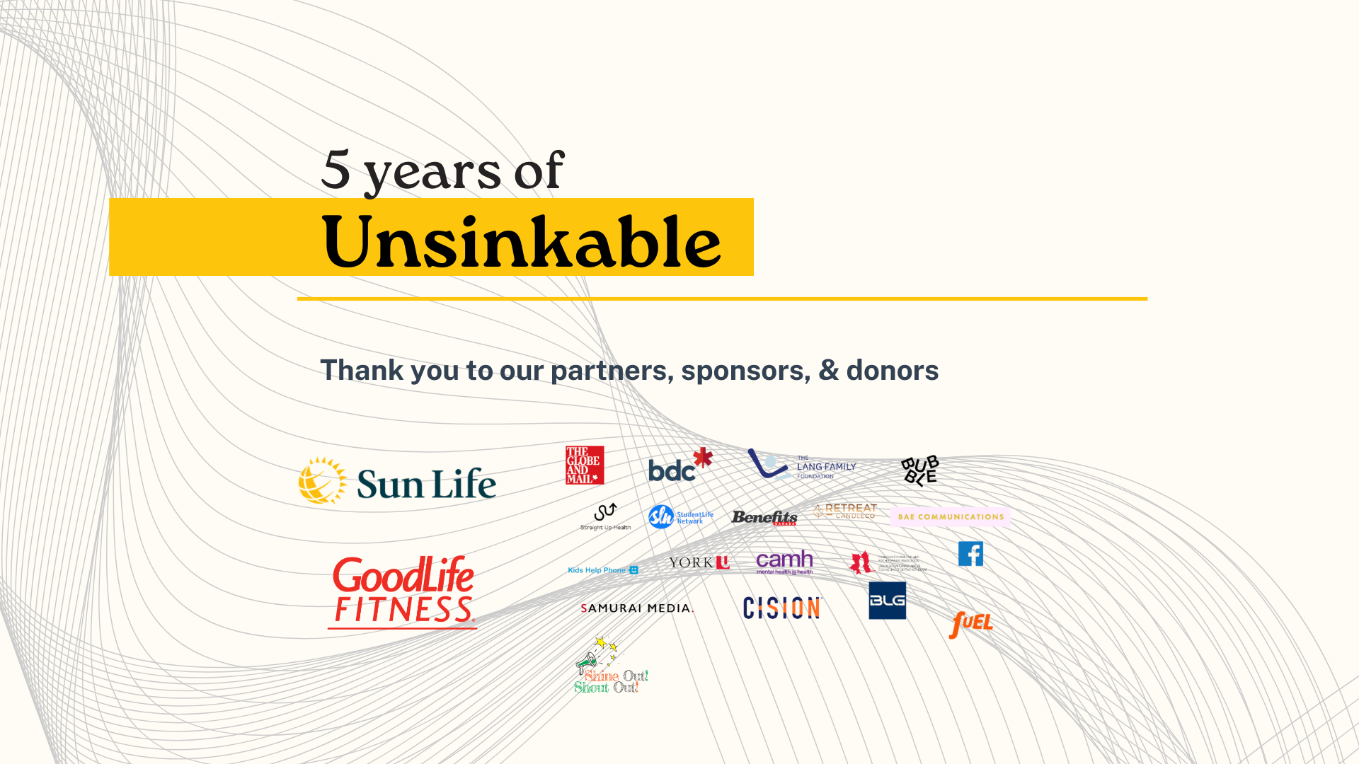 A celebration banner reading '5 years of Unsinkable' with a note of thanks to partners, sponsors, and donors. Logos of various organizations are displayed at the bottom.