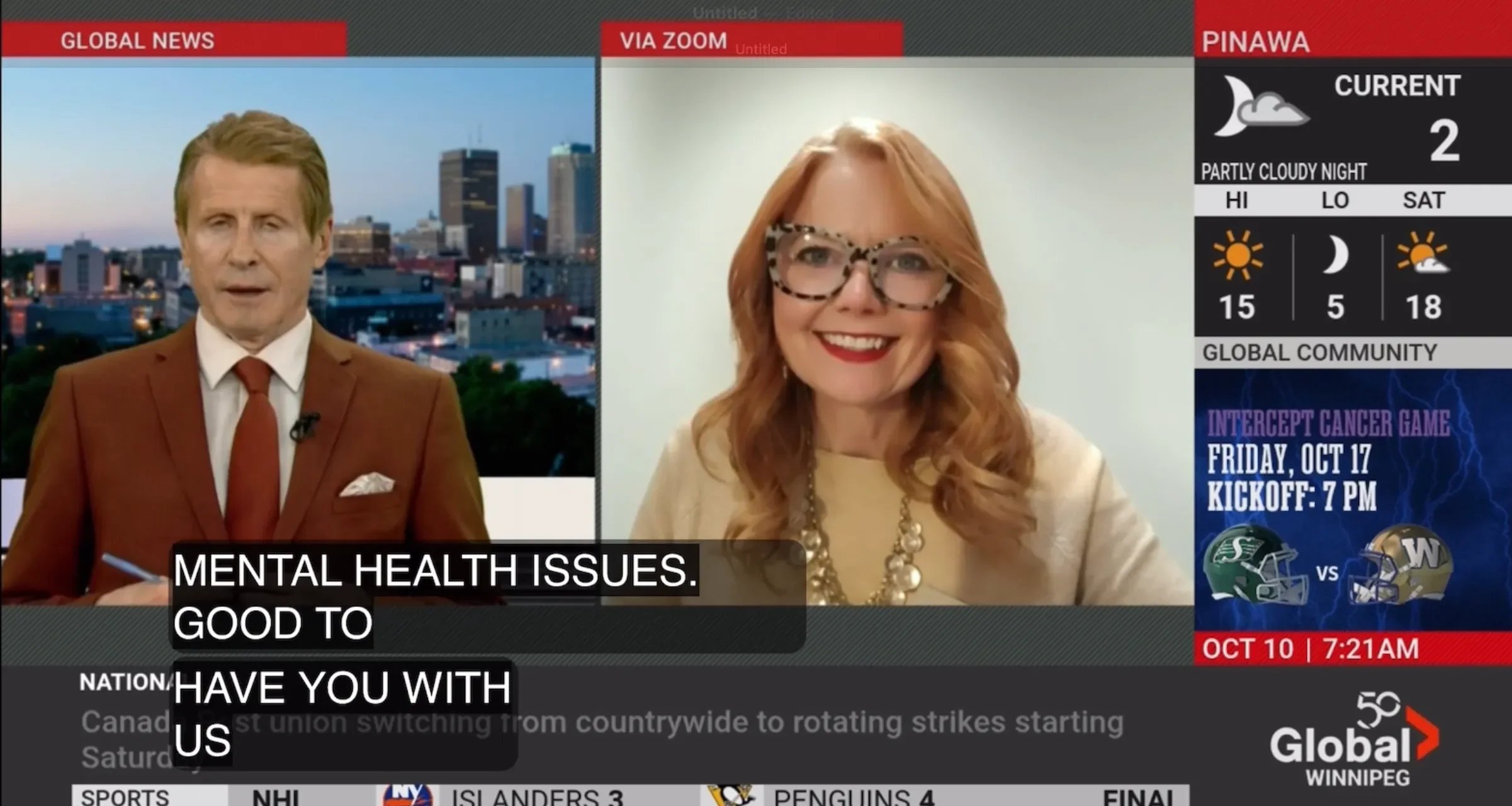 Television news broadcast featuring a male anchor on the left and a female guest on the right, with weather and sports updates on the right side of the screen.