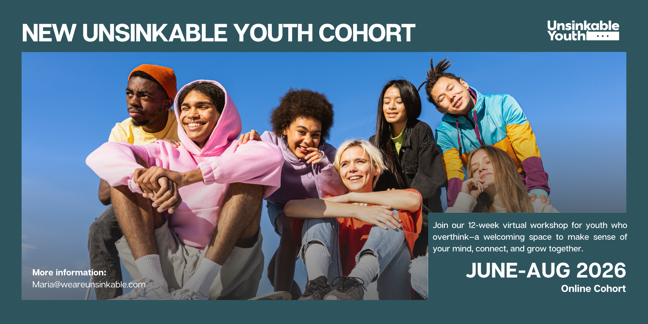Online event banner for a 12-week youth program discussing real life topics, scheduled from June-Aug, 2026, Thursdays 8-9:30 PM EST