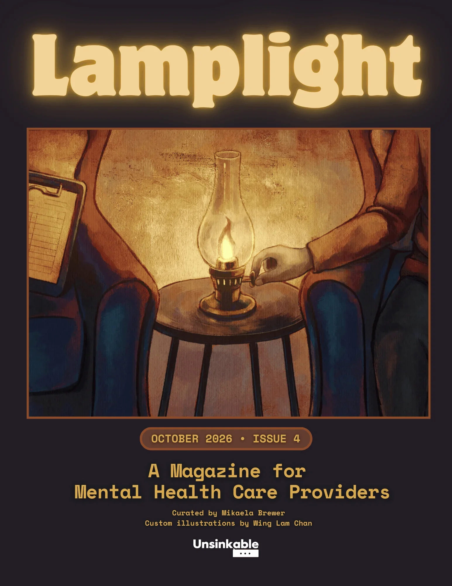 A warm tone magazine cover for an issue on mental health care providers, featuring two arm chairs and a burning old lamp sitting on a table. Someone out of frame is adjusting the level of the flame and on the left chair there is a clipboard