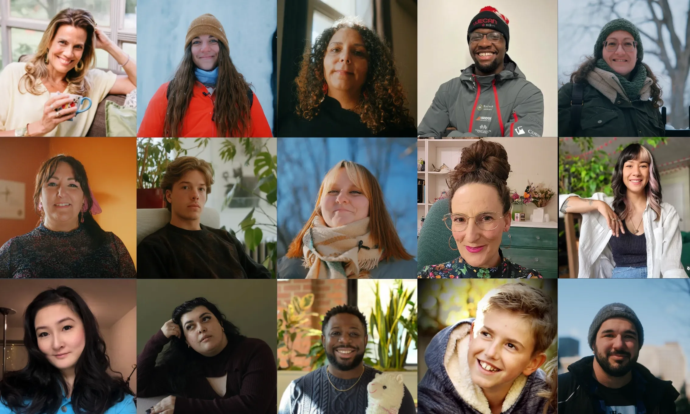 A collage of diverse individuals in various indoor and outdoor settings, smiling or with neutral expressions.