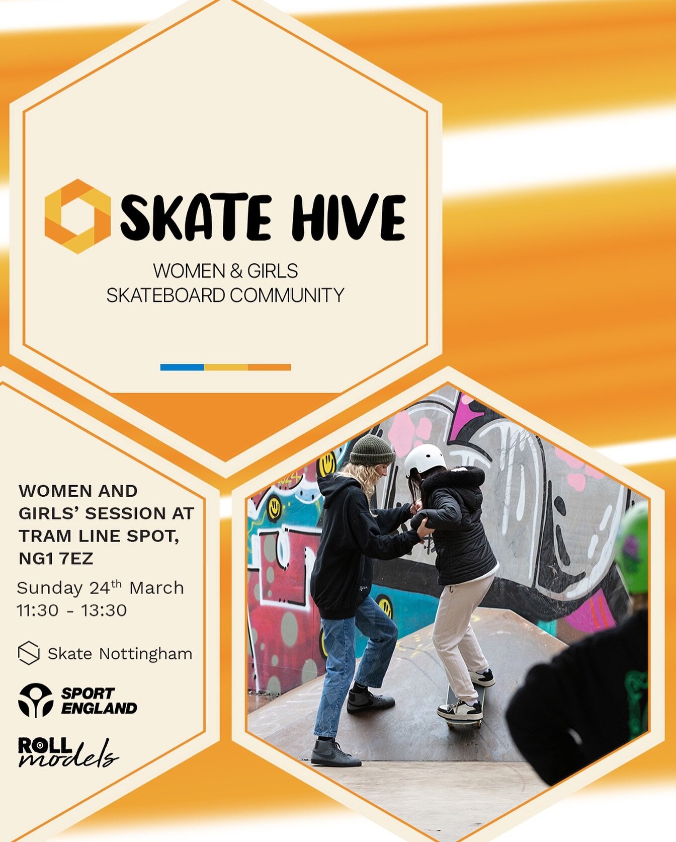 Skate Hive continues at @tramlinespot this Sunday, 11:30 - 13:30!⁣
⁣
Join other women &amp; girls for a relaxed skate session with coaches on hand. Let us know you&rsquo;re coming by booking a free ticket via our website! Boards &amp; helmets availab