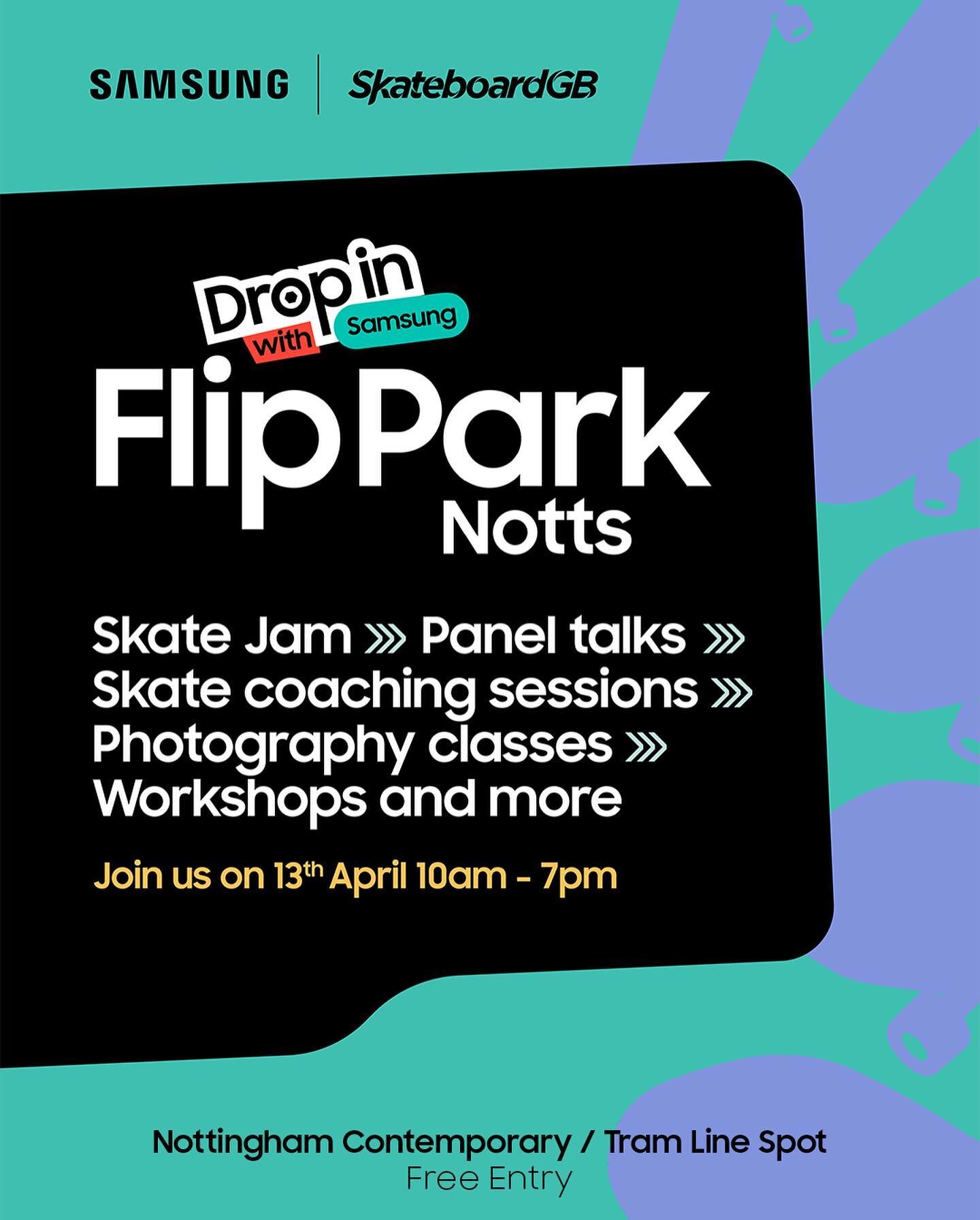 Next month in Nottingham! You may have seen the teasers about our event with @samsunguk &amp; @skateboardgb - here&rsquo;s the programme we&rsquo;ve put together for a rad day on Saturday 13th April inside @nottm_contemp &amp; outside at @tramlinespo