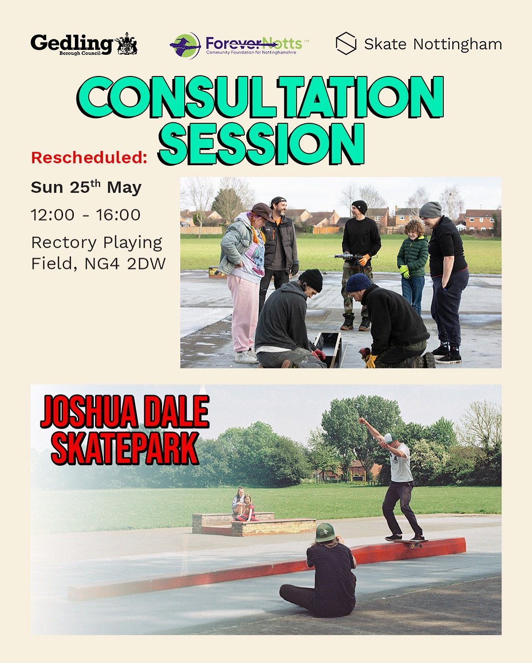 Rescheduled to Sunday!⁣
⁣
Our skate coaching &amp; consultation session at the former Joshua Dale skatepark in Colwick will now take place this Sunday 25th May, instead of Saturday 24th - which has a forecast of wet weather. ⁣
⁣
Same times, on a sunn
