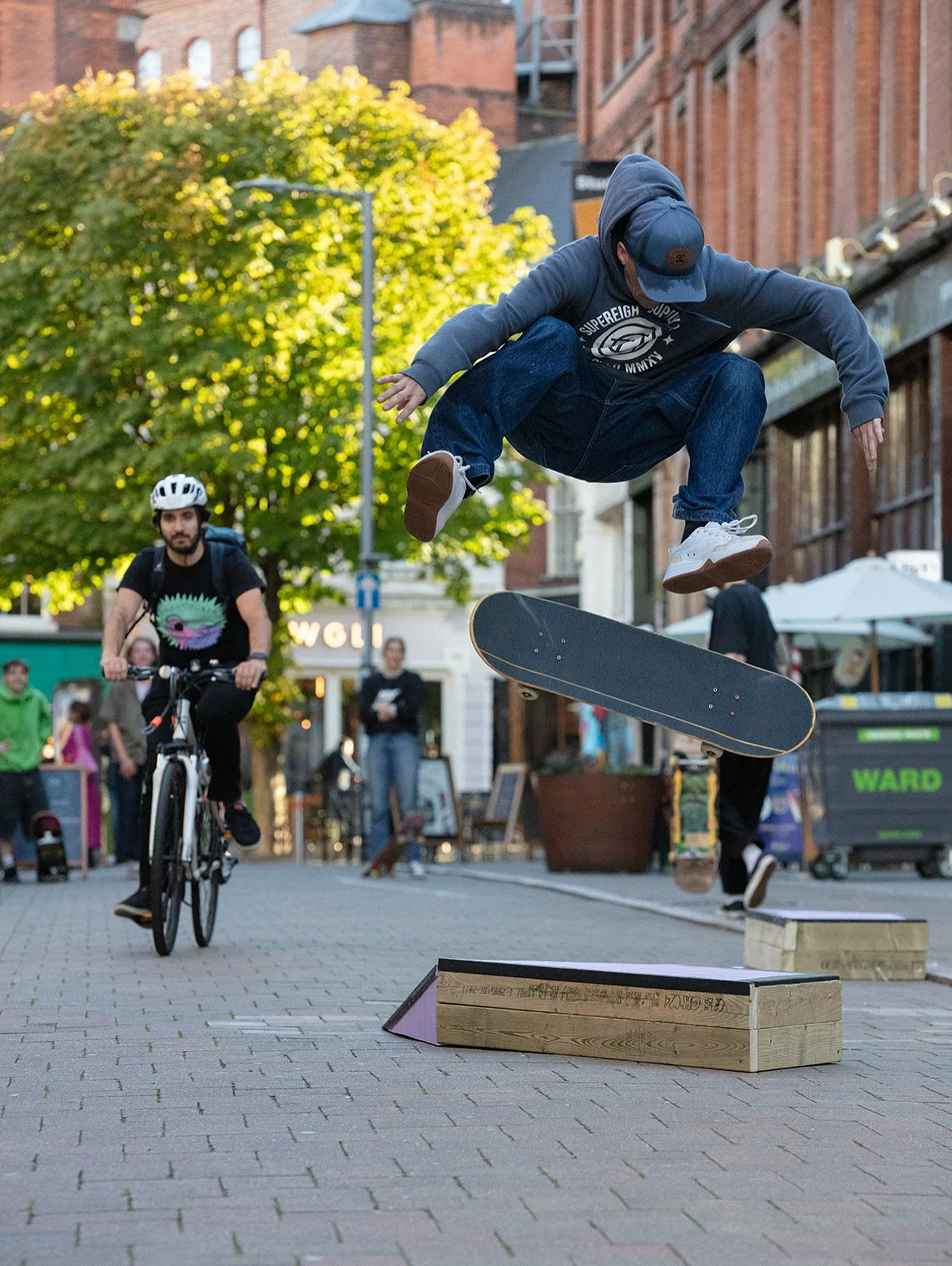 @joeskillzz with the switch frontside flip on our newly-built street obstacles yesterday. ⁣
⁣
Come and skate them on Heathcoat Street today &amp; Saturday from 11:00, whilst seeing all the events inside People&rsquo;s Hall and @broadwaycinema gallery