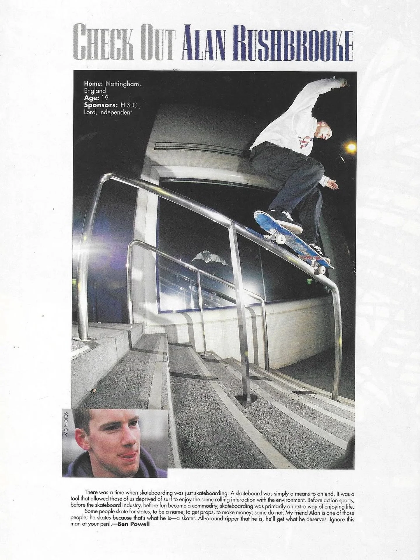 The Concert Hall rail getting a 50-50 back in 1996 for @alanrushbrooke&rsquo;s &lsquo;Check Out&rsquo; feature in @transworldskate, with photos by @wigworland and an intro by @beeps1973. ⁣
⁣
&ldquo;Ignore this man at your peril&rdquo;⁣
⁣
Digitised/ar