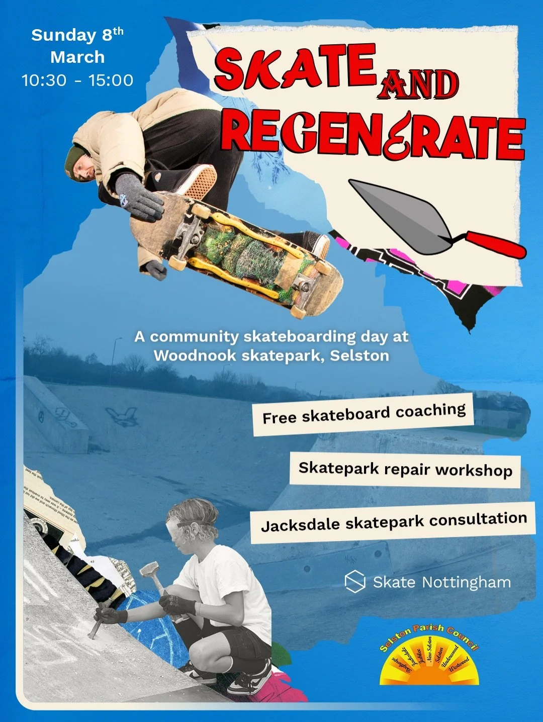 ⚒️ Selston Skate and Regenerate, Sunday 8th March, 10:30 - 15:00.⁣
⁣
🛹 Join us in Selston, north Notts, for a community skateboarding day, including:⁣
⁣
10:30 - 12:00: Free skateboard coaching (ages 7+)⁣
12:00 - 15:00: Skatepark repair workshop (age