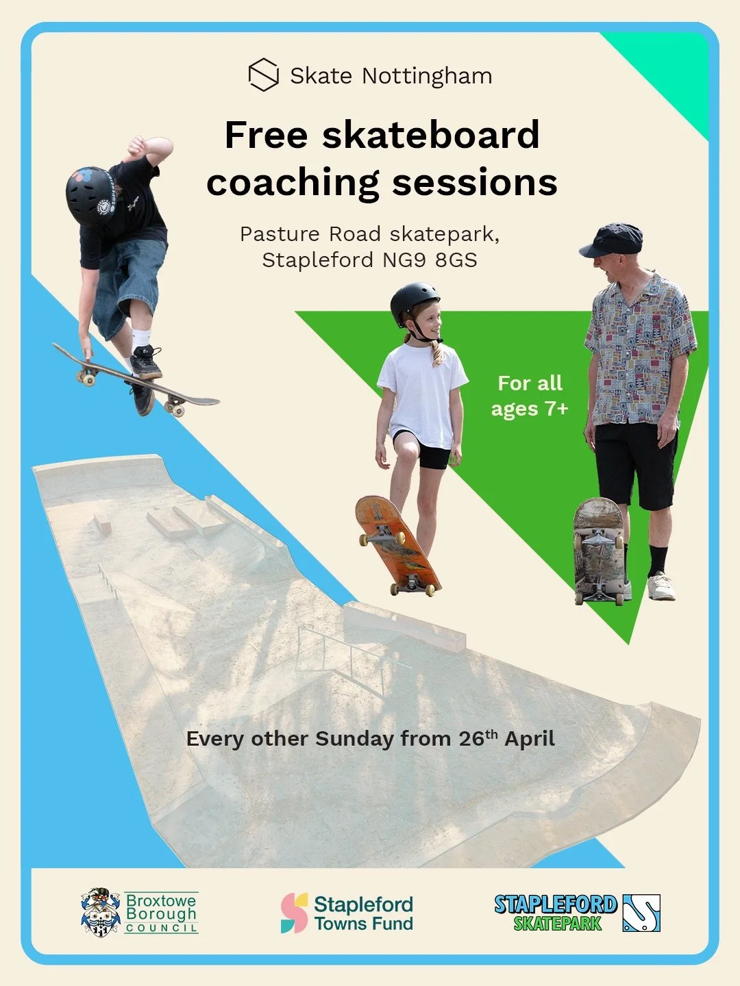 Spring/summer skateboard coaching at @staplefordskatepark!⁣
⁣
We&rsquo;re pleased to announce a spring/summer programme of skateboard coaching events at Pasture Road skatepark, Stapleford, in partnership with Broxtowe Borough Council. ⁣
⁣
Join us at 