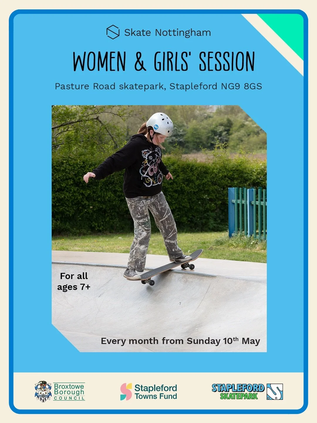 Women &amp; girls&rsquo; session next Sunday at @staplefordskatepark!⁣
⁣
Join us for a female session on Sunday 10th May, 12:30 - 13:30, for an informal meet-up - with female coaches on hand, and skateboards &amp; helmets available to borrow. As with