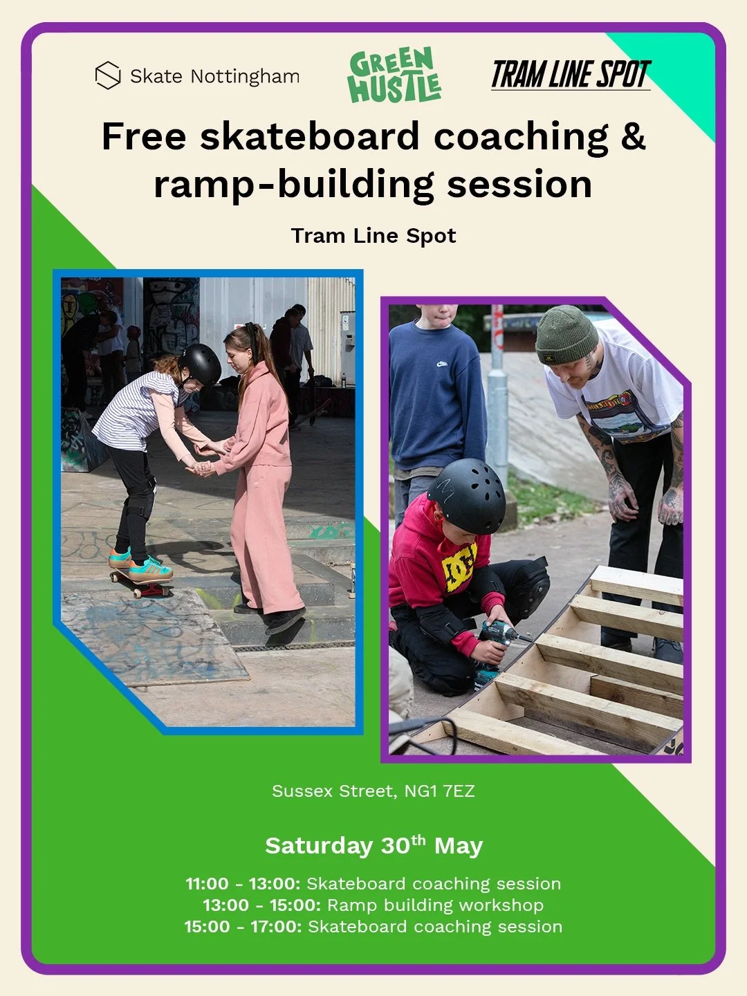 We&rsquo;ll be bringing free skateboard coaching and ramp-building to @tramlinespot on Saturday 30th May, as part of the city centre-wide @greenhustlefest!⁣
⁣
Join us from 11:00 - 17:00, whether it&rsquo;s your first time on a skateboard or you&rsquo