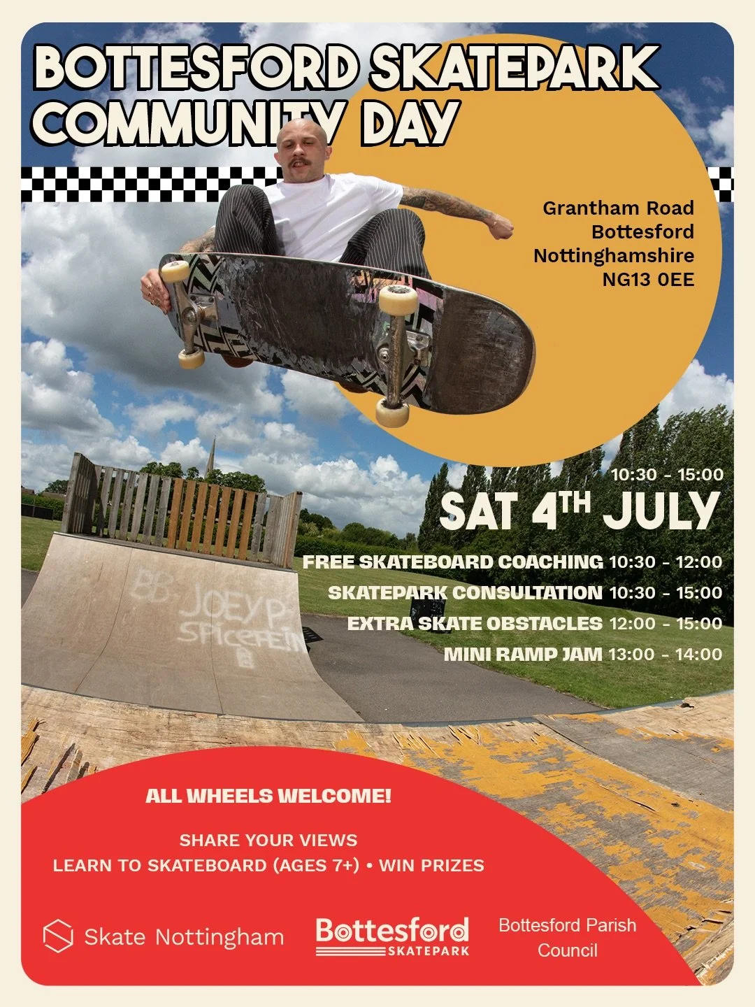Join @skatenottingham at @bottesfordskatepark on Saturday 4th July, 10:30 - 15:00, for a community day to support the local campaign for a new skatepark!⁣
⁣
There will be free skateboard coaching, pop-up skate obstacles, a mini ramp jam, and lots of 