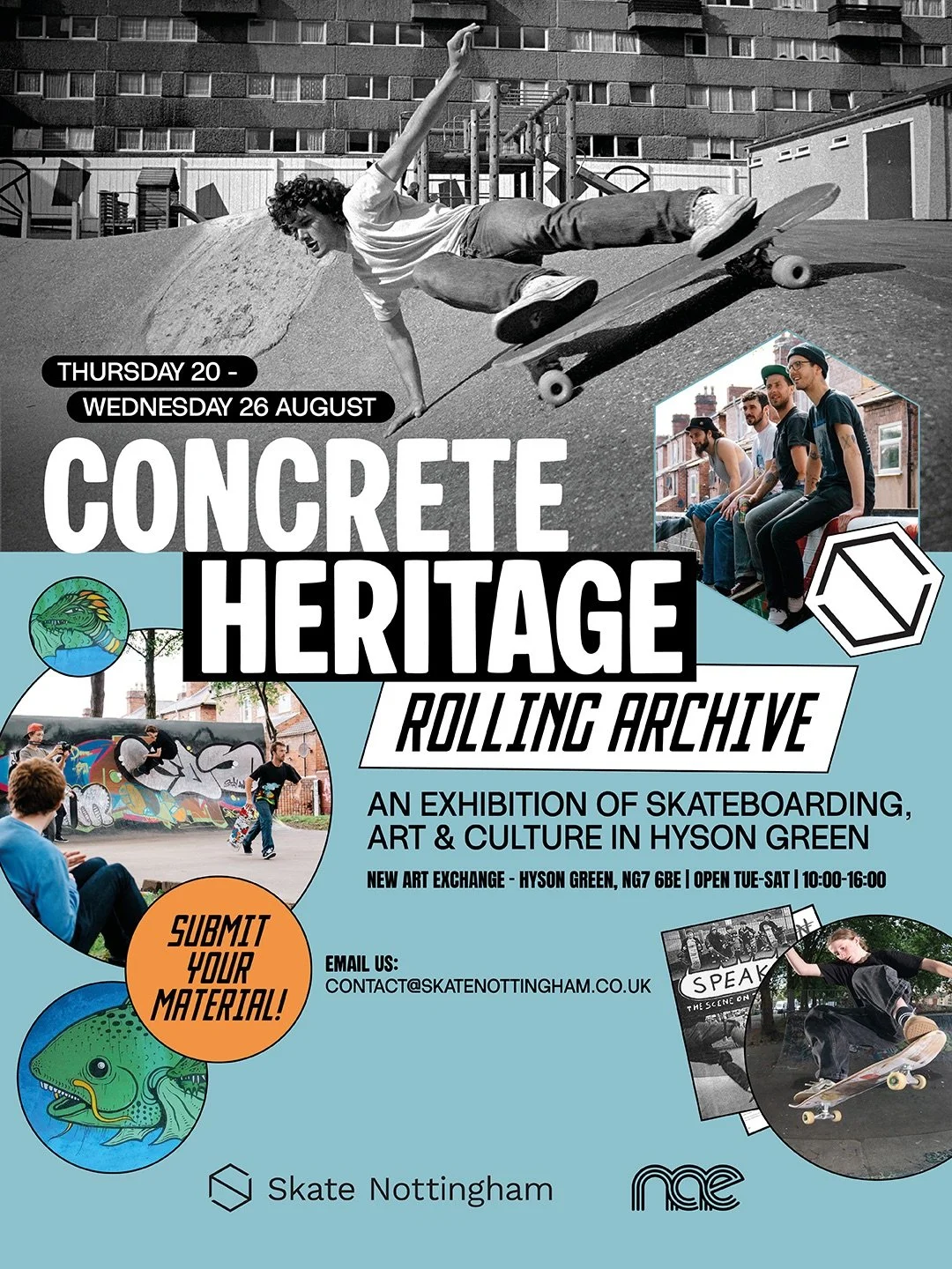Open call for anyone with memories of Hyson Green skateboarding &amp; graffiti!⁣
⁣
Launching on Thursday 20th August at @new_art_exchange, &lsquo;Concrete Heritage, Rolling Archive&rsquo; is a week-long exhibition celebrating the history of skateboar