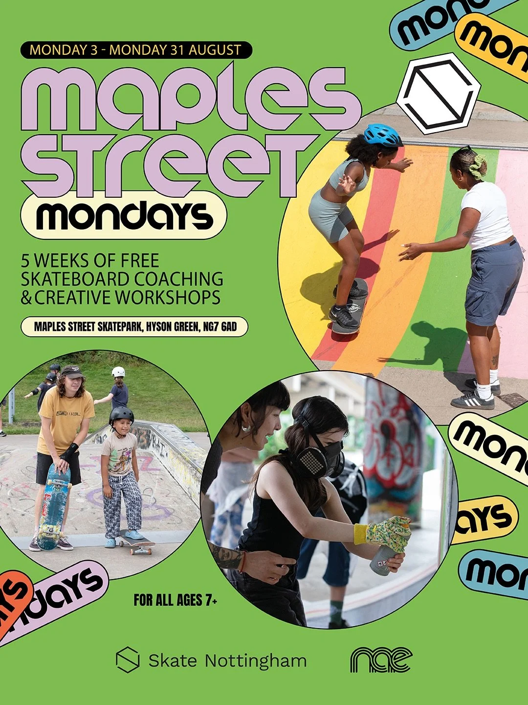 From 3rd August, @skatenottingham are at Maples Street skatepark every Monday from 11:00 - 14:30, bringing free skateboard coaching and creative workshops to Hyson Green!⁣
⁣
Open to all ages 7+, our team of trained coaches can get you comfortable on 