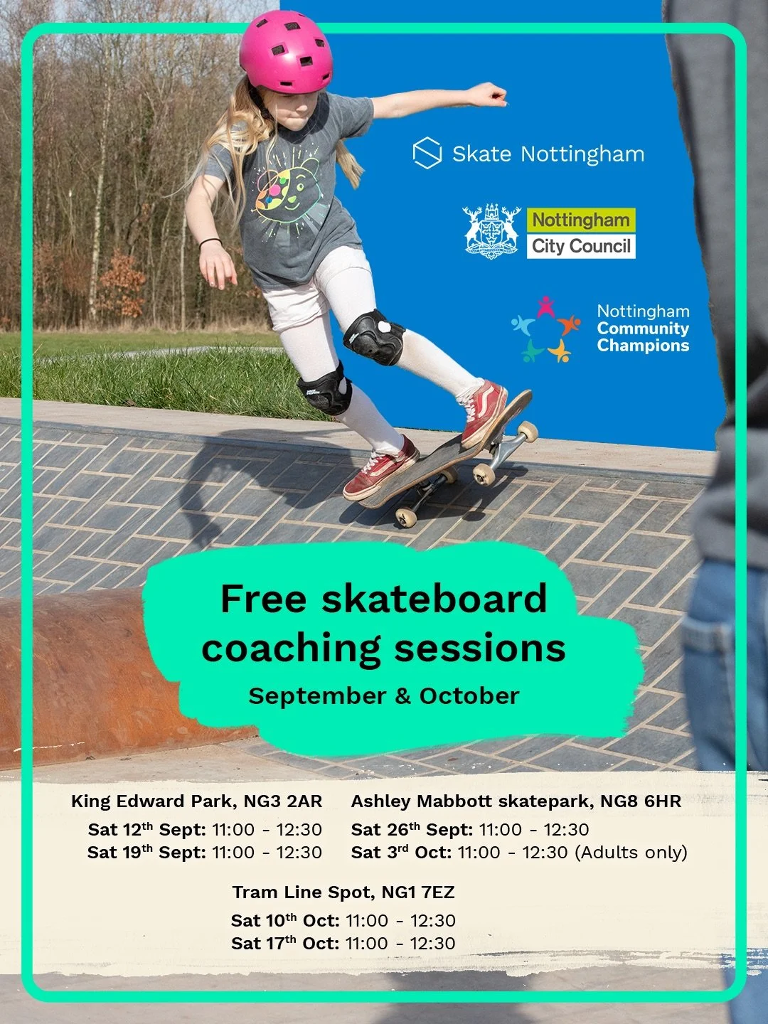 New sessions this autumn! 🛹⁣
⁣
We&rsquo;re stoked to announce a new programme of free skateboard coaching sessions at several of our favourite Nottingham City skateparks; King Edward Park, The Ashley Mabbott skatepark, and @tramlinespot!⁣
⁣
Our team