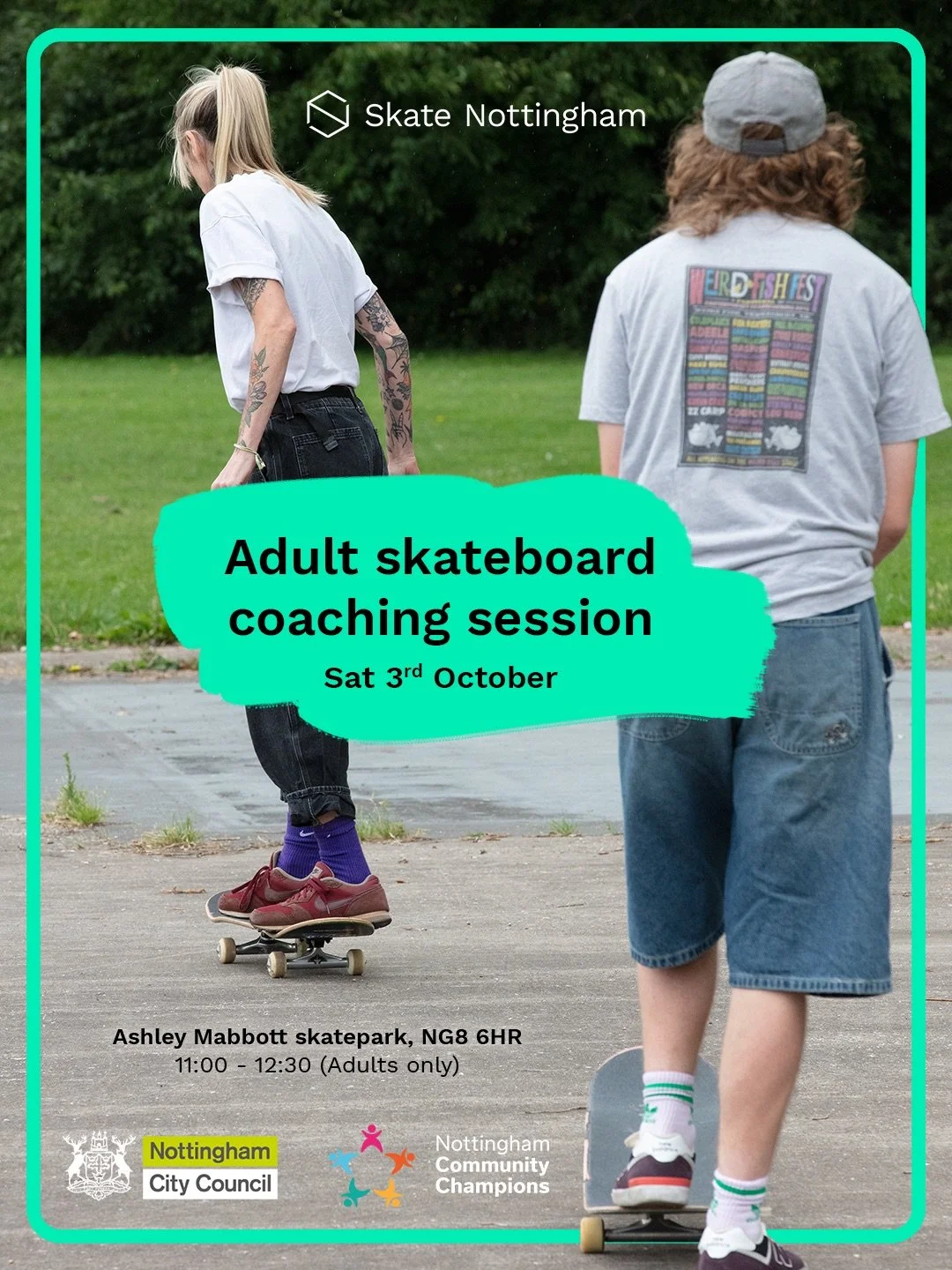 Adult skateboard coaching this Saturday at the Ashley Mabbott skatepark!⁣
⁣
Join us over in Broxtowe Country Park from 11:00 - 12:30 this Saturday 3rd October, for a one-off, dedicated adults-only session with our team of coaches. ⁣
⁣
The session wil