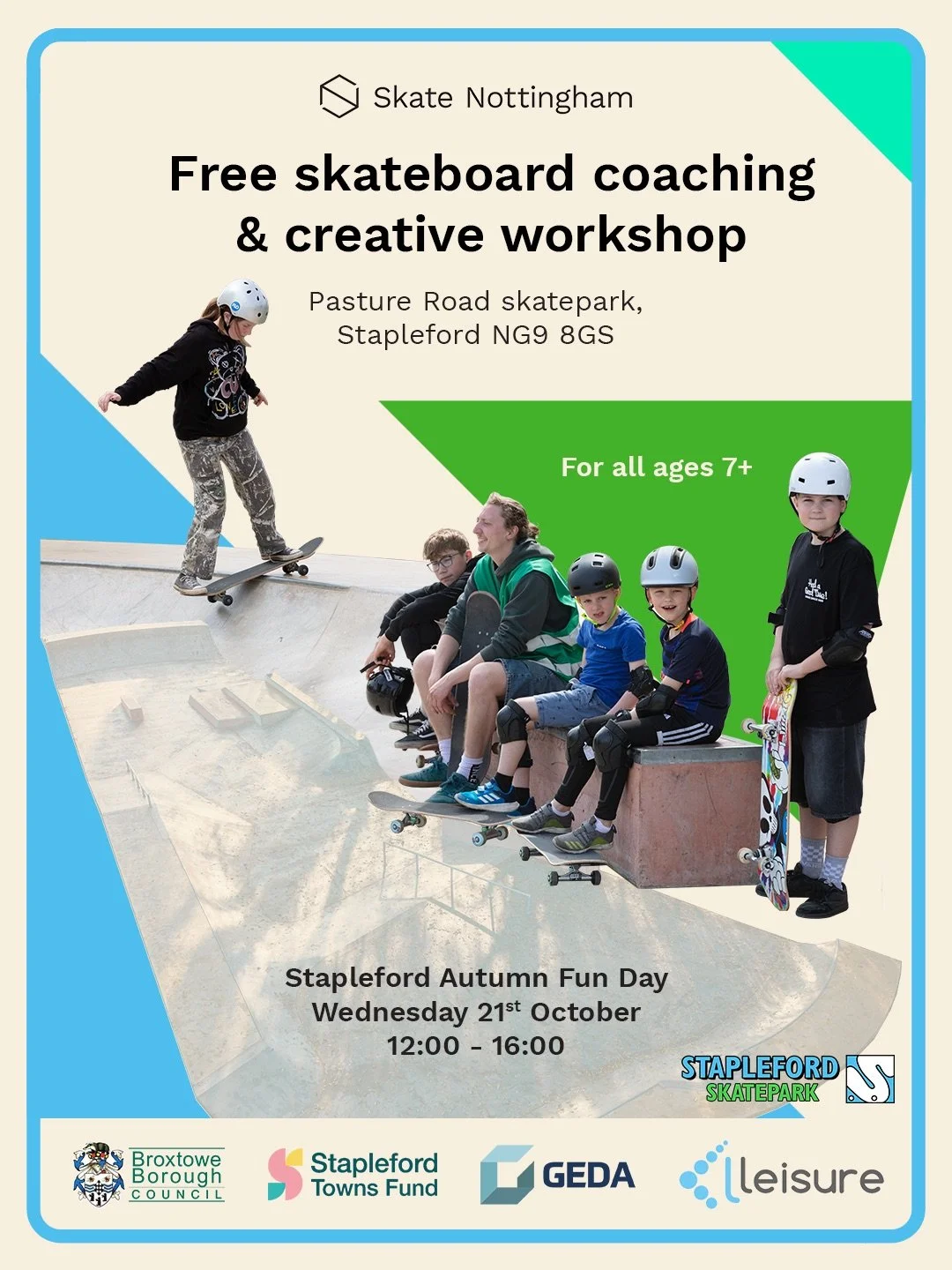 This October half term, we&rsquo;ll be back at @staplefordskatepark for an Autumn Fun Day event including free skateboard coaching and a creative workshop!⁣
⁣
Open to all abilities and all ages 7+, join us on Wednesday 21st October from 12:00 - 16:00
