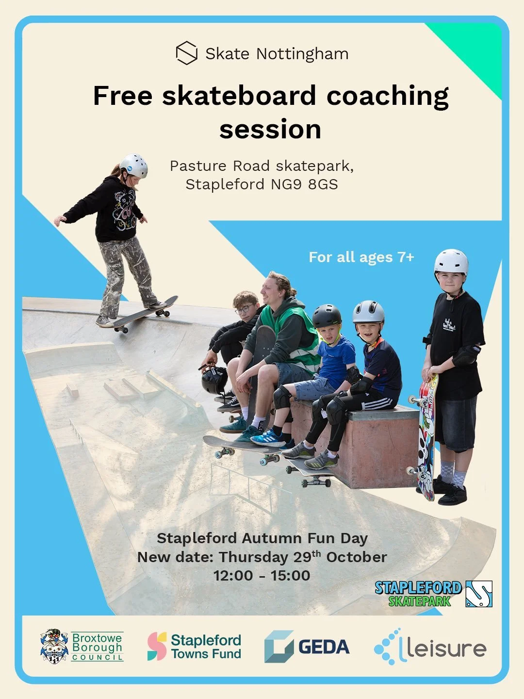 RESCHEDULED: Our free skateboard coaching session as part of the Stapleford Autumn Fun Day is now postponed due to Wednesday&rsquo;s wet weather forecast. ⁣
⁣
Please join us at @staplefordskatepark next Thursday 29th October from 12:00 - 15:00 instea