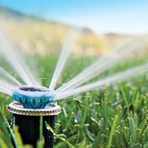 Close-up of a blue sprinkler watering green grass on a sunny day.
