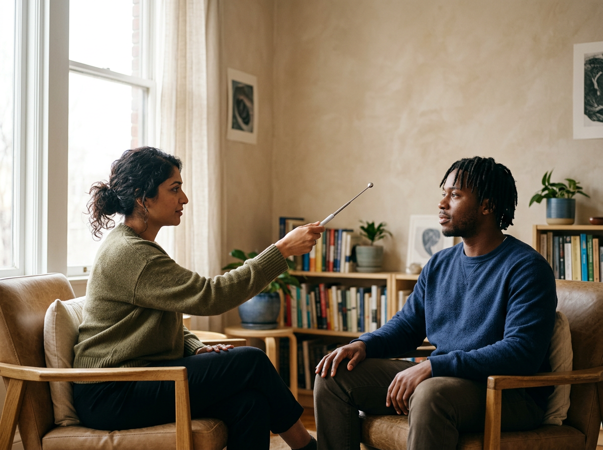 A woman is conducting a brainspotting session with a man, sitting in a cozy living room with books on shelves and potted plants in the background.