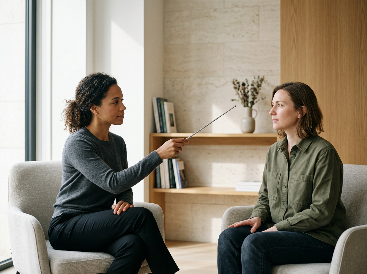 A counselor holding a brainspotting pointer and sitting with a client during a therapy session in an office.