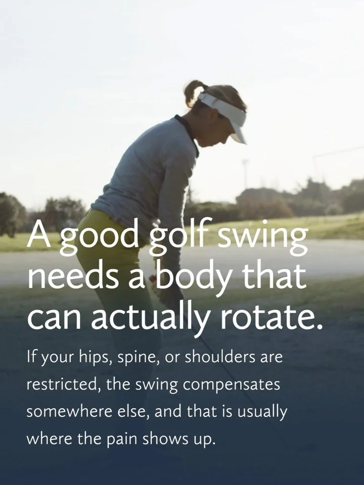 A good golf swing needs a body that can rotate.

If your hips, upper back, or shoulders are tight, your swing finds another way to get the motion.

That usually means compensation.
And over time, that&rsquo;s where pain starts showing up.

Golf is re