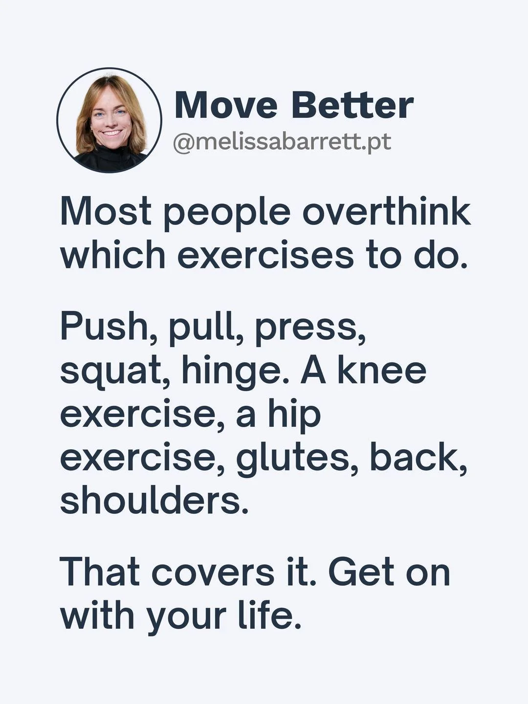 Choosing exercises is the part people spend the most time on, and it matters the least.

Cover the basic patterns, add a little weight or a rep over time, and the programme mostly takes care of itself. The complexity people add is usually a way of av