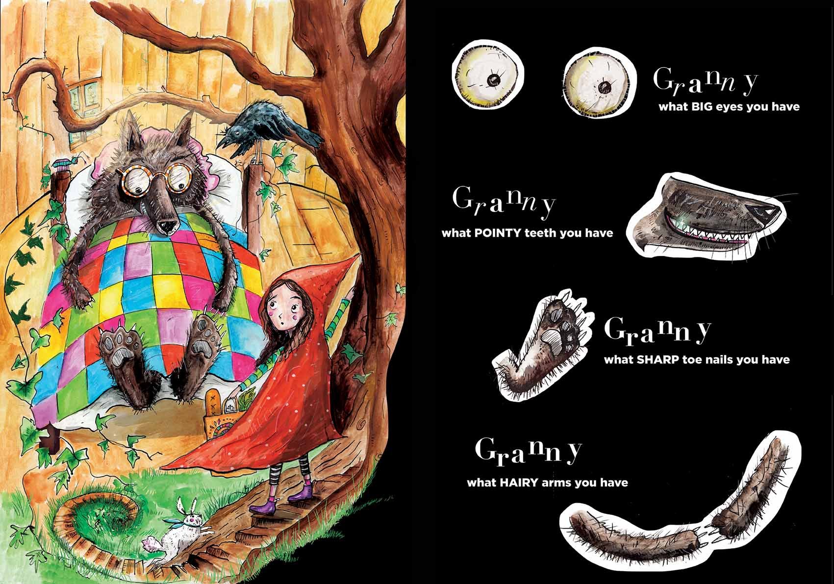 Illustration of Red Riding Hood chatting to the wolf in a multi coloured bed, under a tree, b/w additional small illustrations.