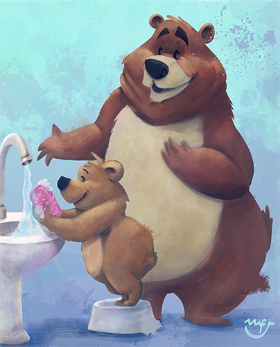 Illustration of a big bear with a baby bear washing at a sink.