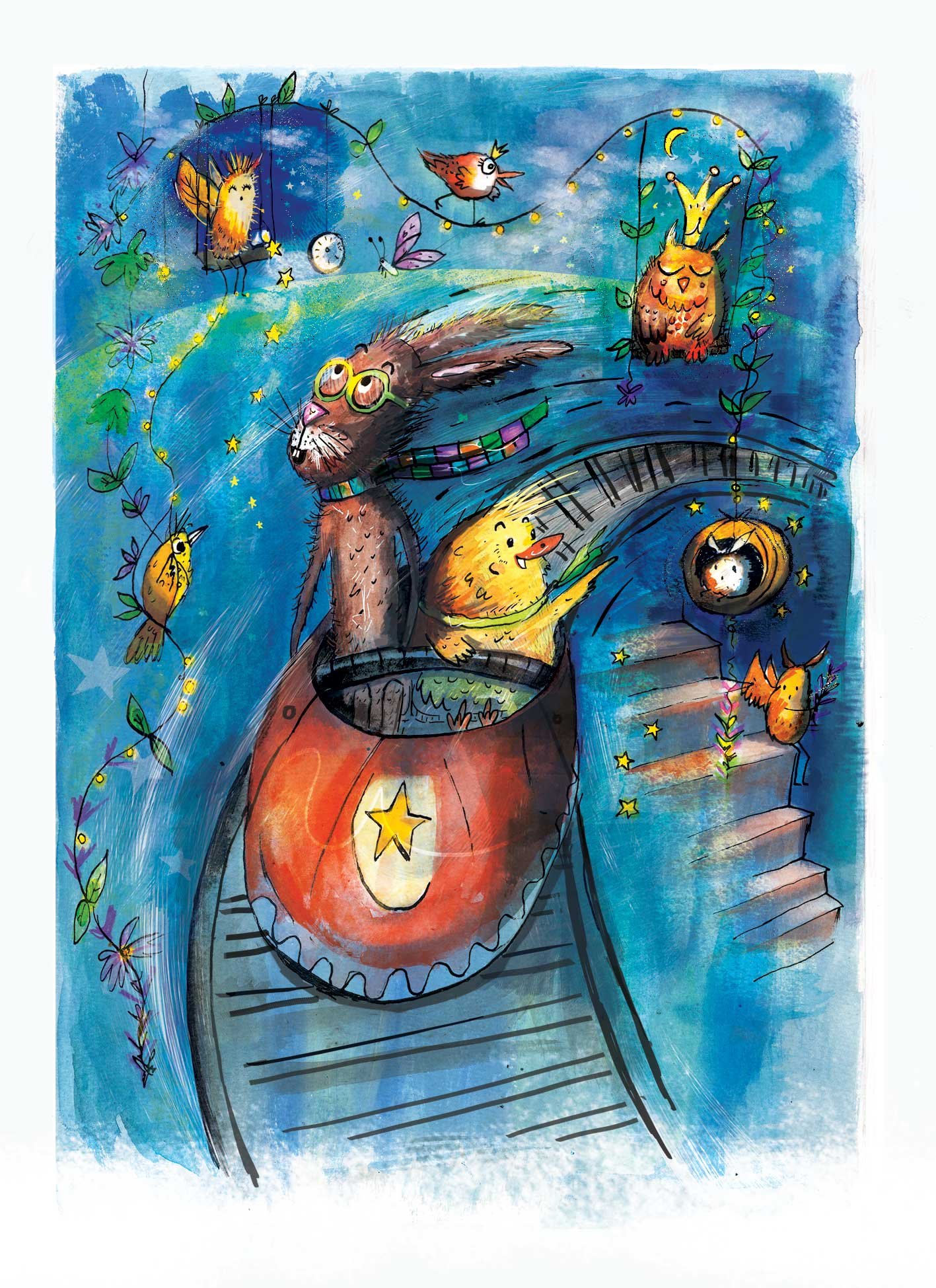 Illustration of two creatures in a little train, various other smaller creatures in the air around them.