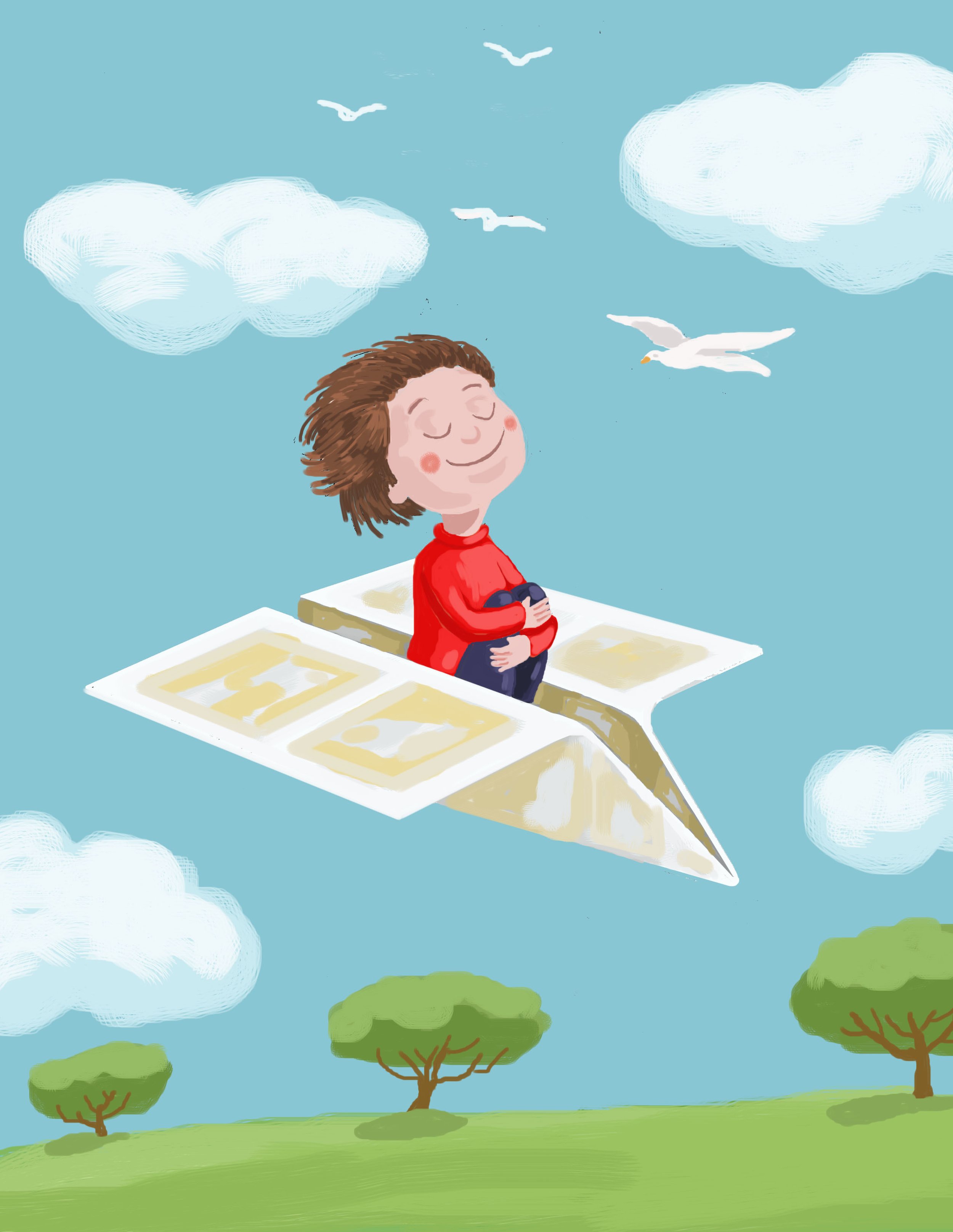 Illustration of a kid flying in a paper aeroplane against trees, clouds and birds.