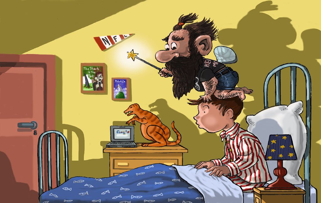 Illustration of a boy in bed with a hairy male fairy on his head waving a magic wand.