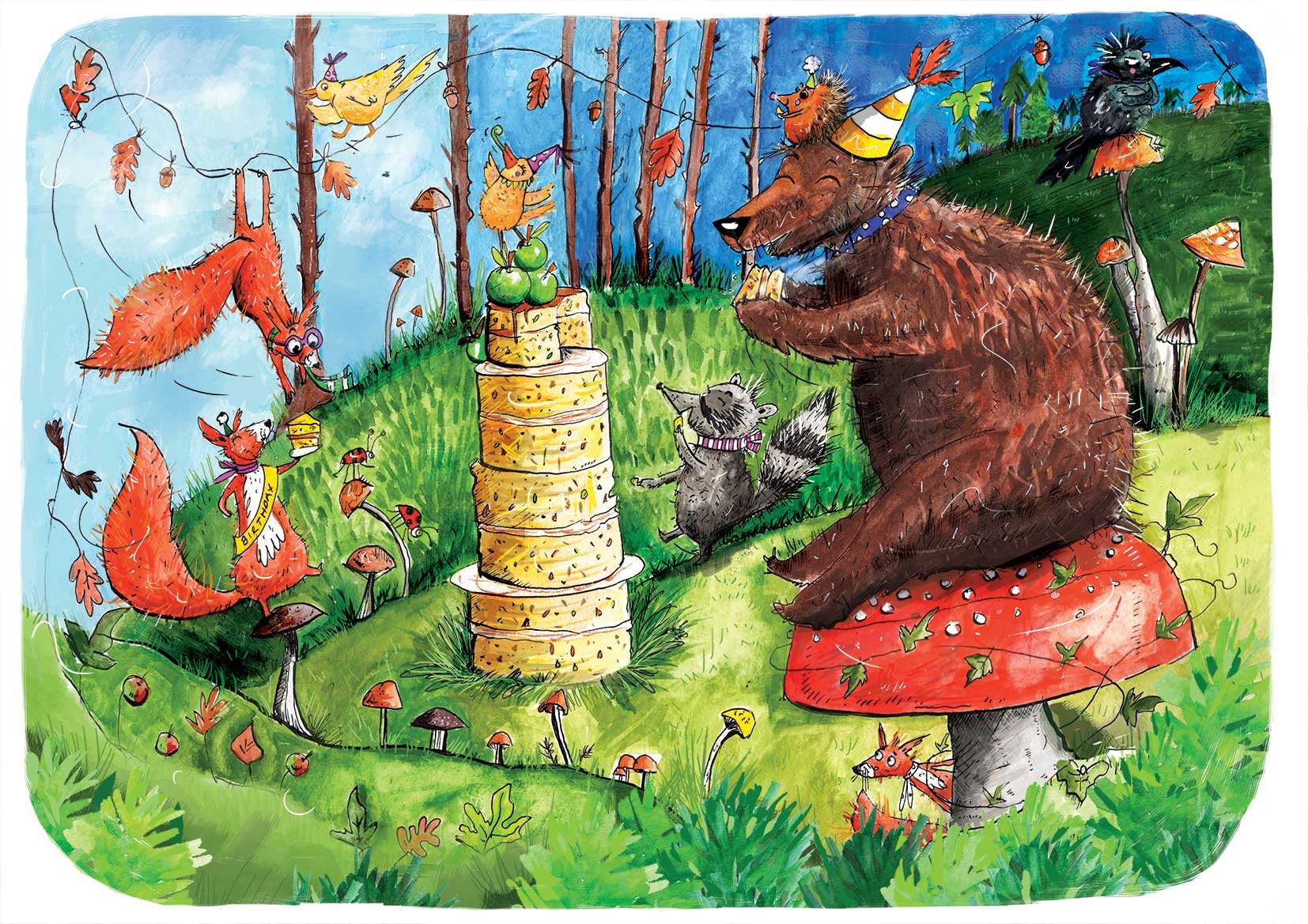 Illustration of a brown bear in a party hat sitting on a toadstool with lots of other animals partying in a field, large multi tiered cake in the middle.
