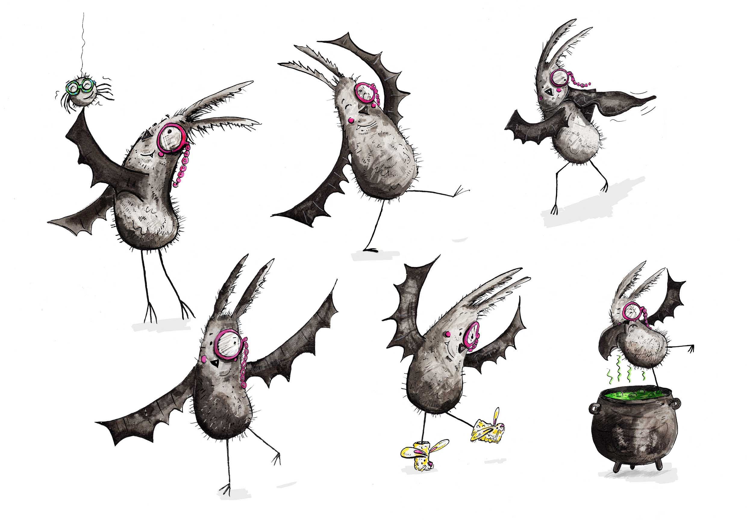 Six b/w illustrations of a bird type character doing various activities