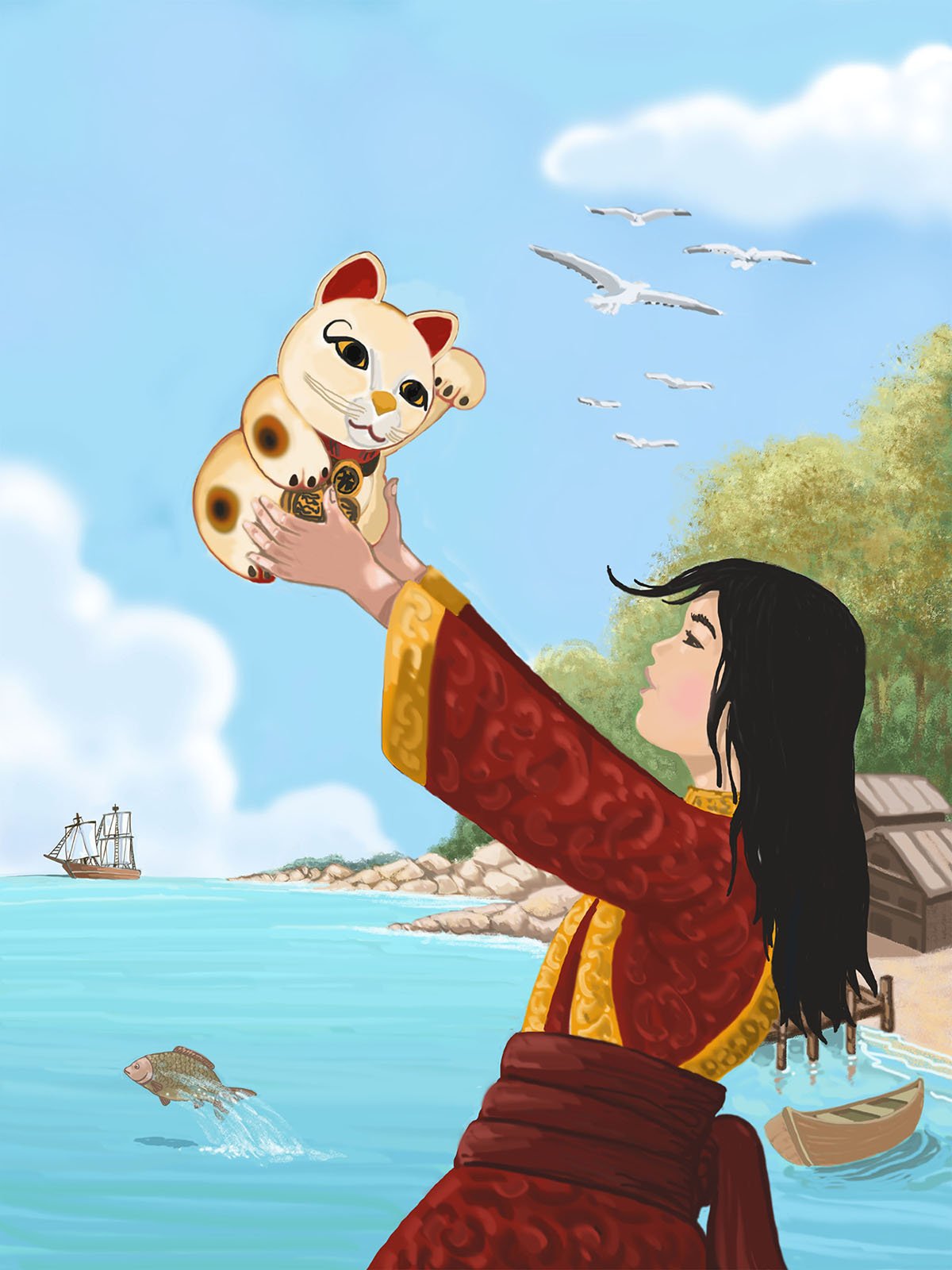 Illustration of a dark haired character holding a china cat, against a coastline with a boat.