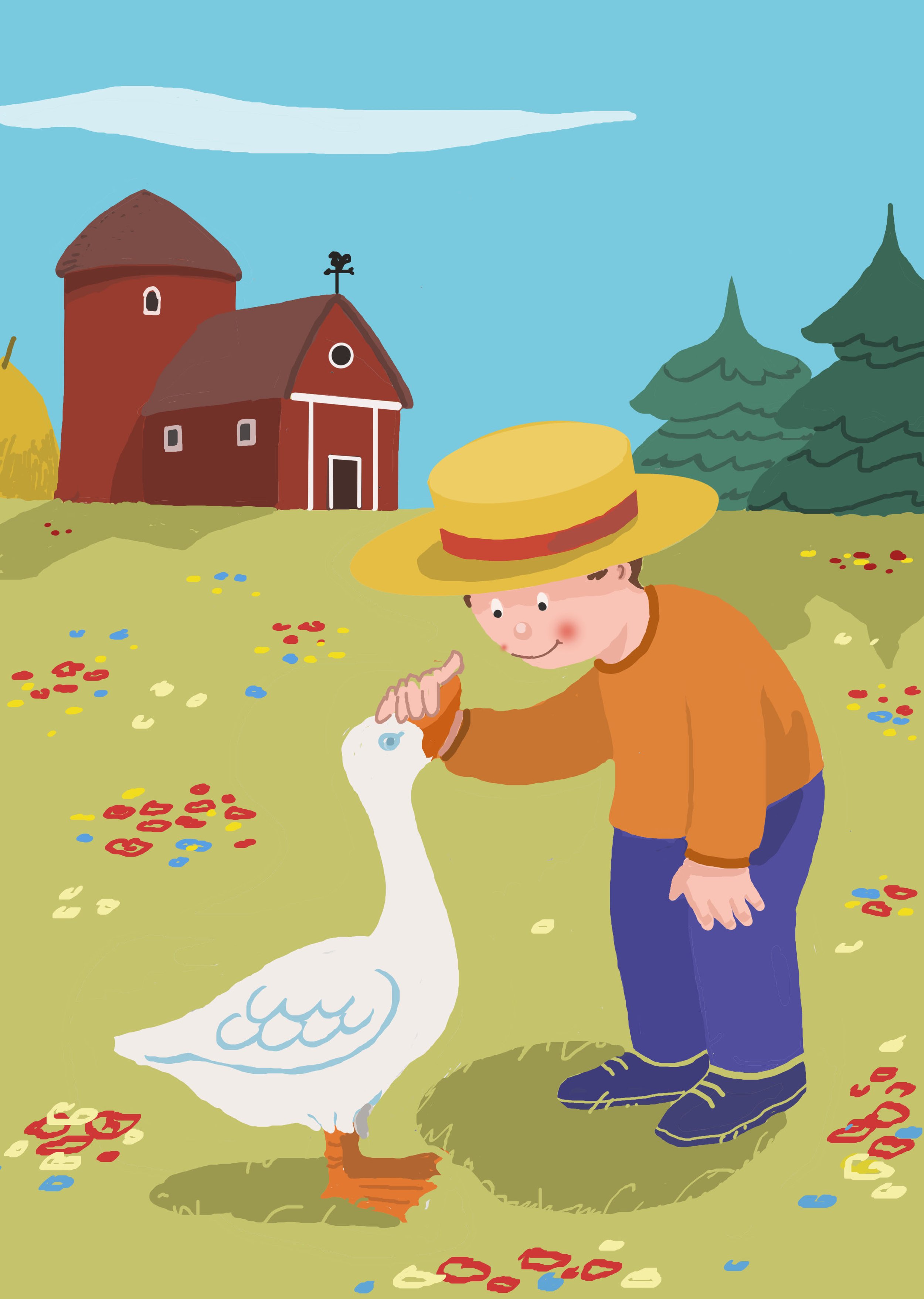 Illustration of a kid in a straw hat stroking a goose.
