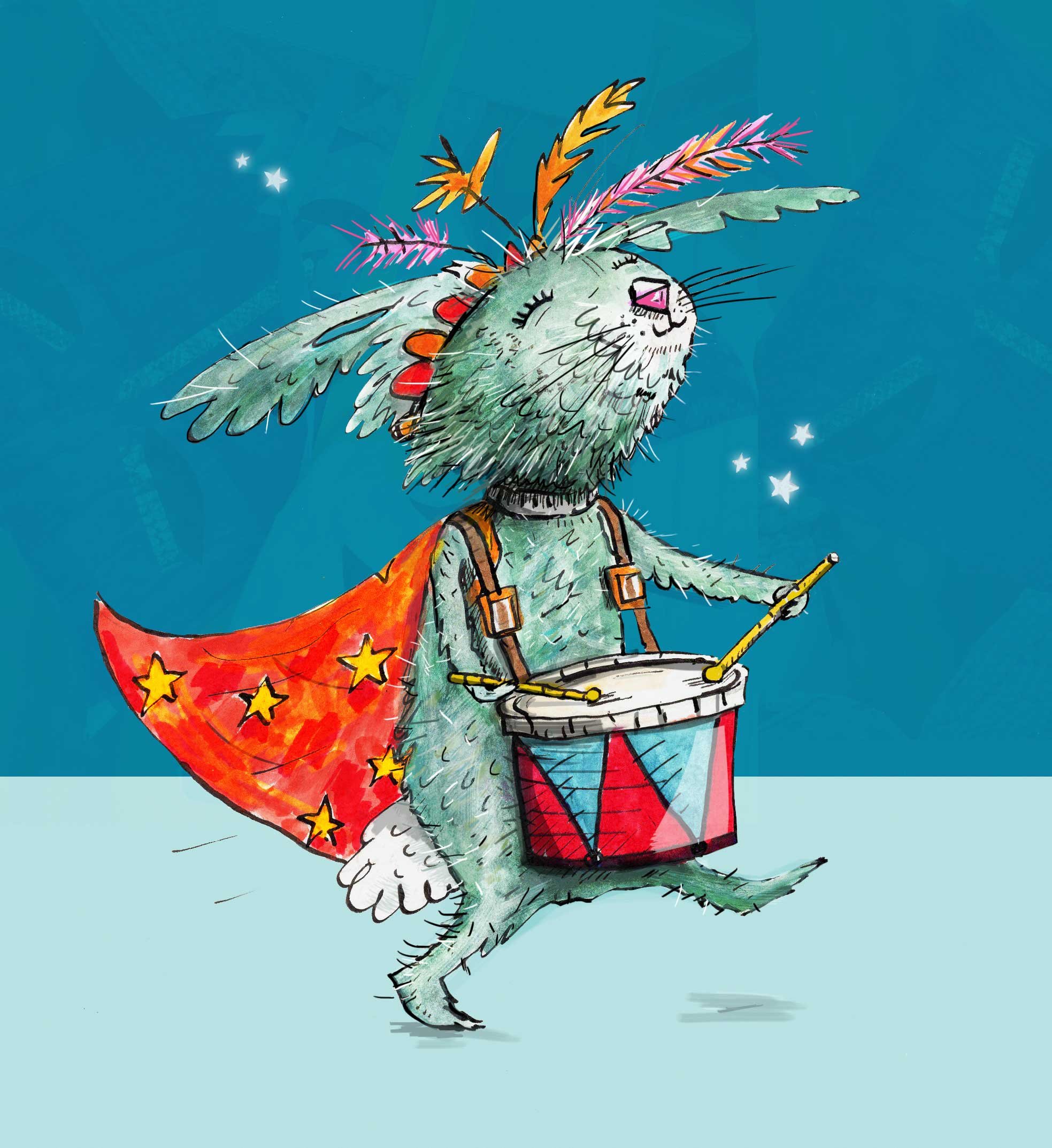 Illustration of a rabbit playing a drum.