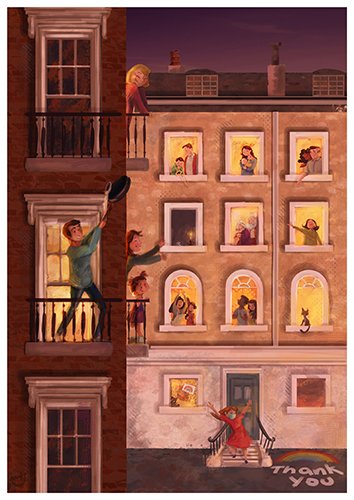 Illustration of people on balconies and at windows clapping for the NHS.