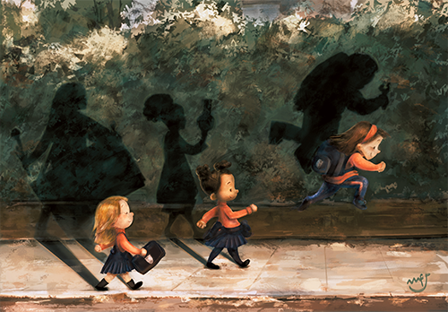 Illustration of three girls with their shadows reflecting totally different images on to a wall.