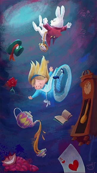 Illustration of Alice falling with the White Rabbit, tea pot, cheshire cat, grandfather clock and more