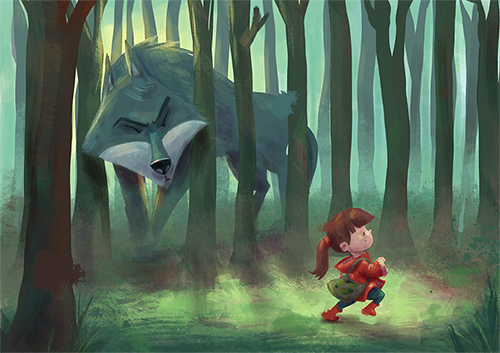 Illustration of Red Riding Hood walking through the forest with a big wolf looking at her.