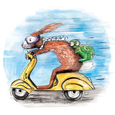 Illustration of a brown rabbit in goggles with a green frog in goggles on its back travelling fast on a yellow motor scooter.
