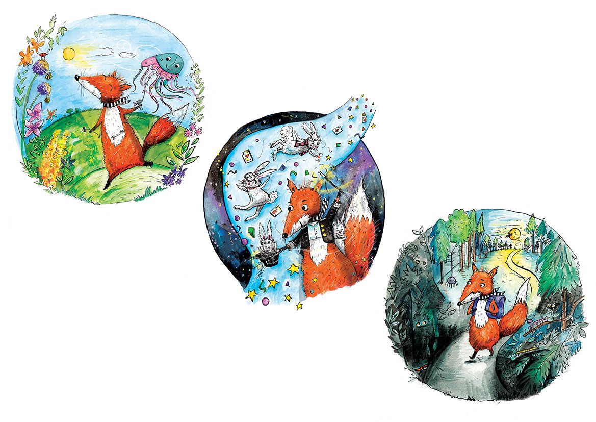 Three illustrations of a brown and white fox in different environments.