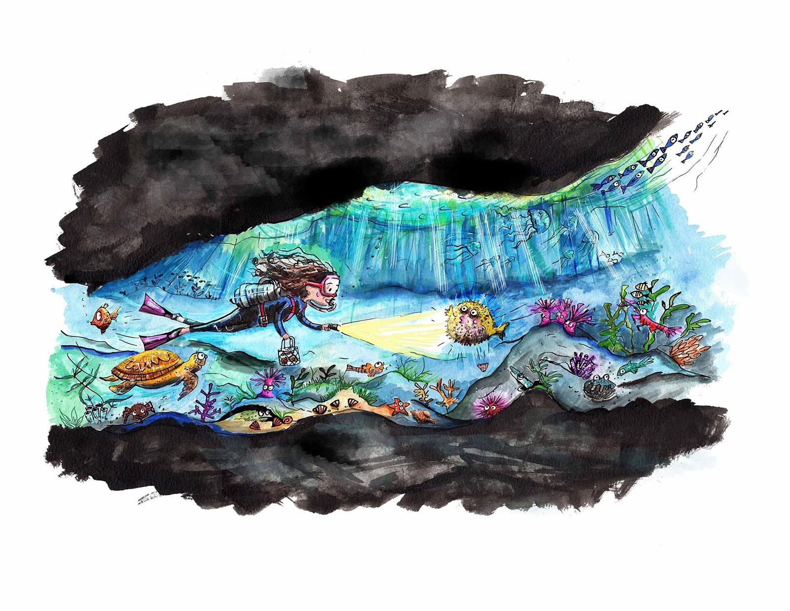 Illustration of a girl swimming in sea with a torch. Lots of underwater creatures around.