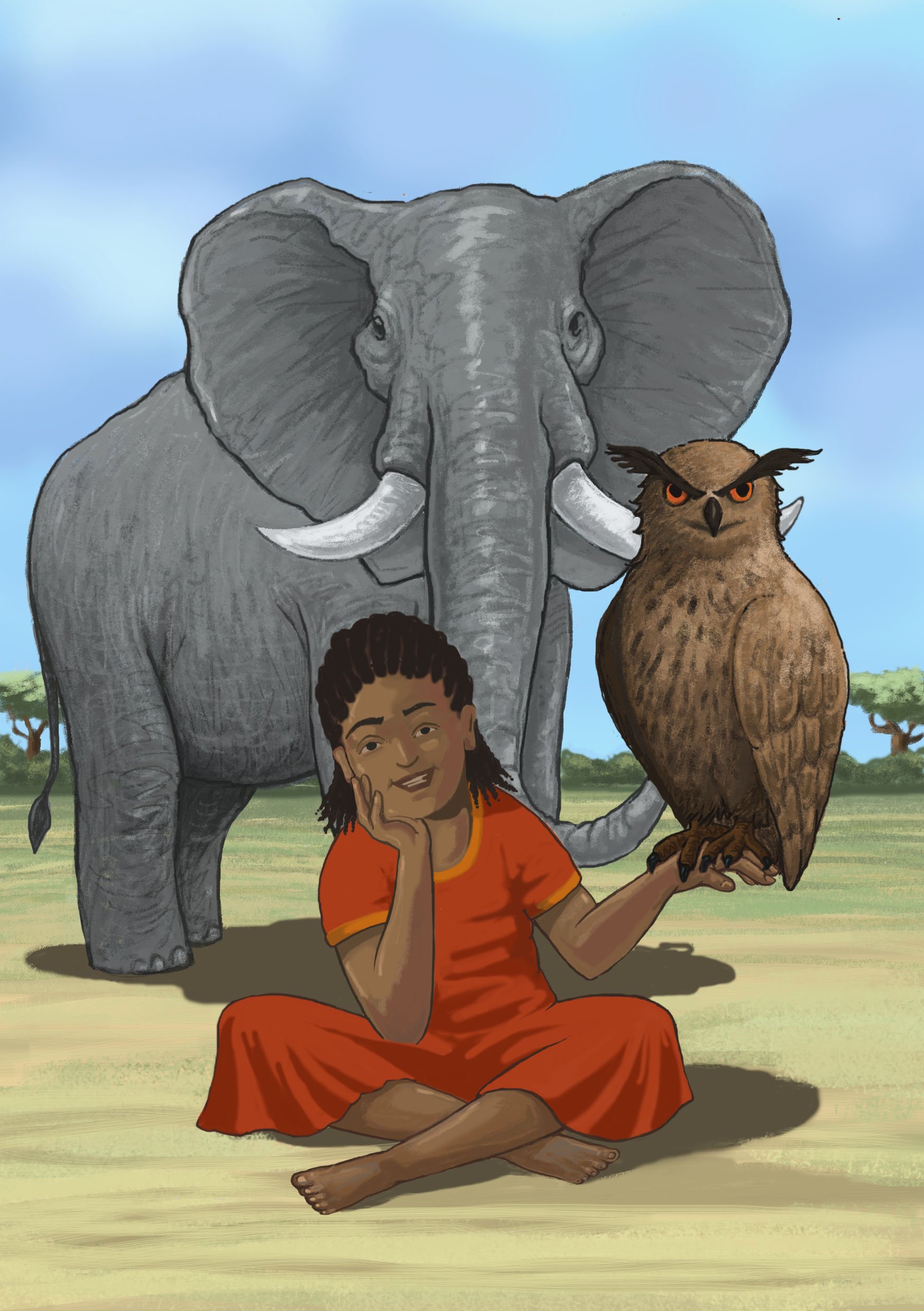 Illustration of a girl in a dark red dress holding an owl, with an elephant behind.
