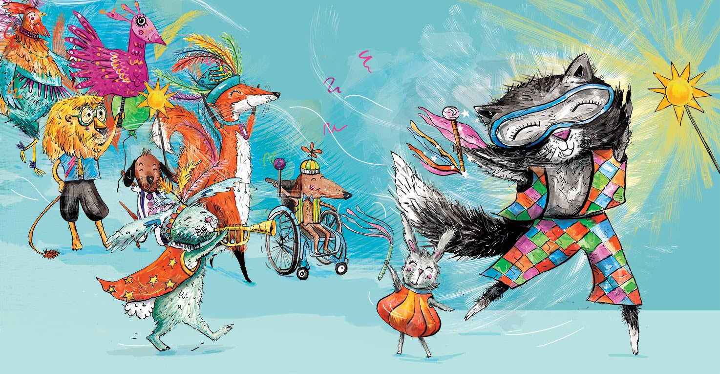 Illustration of animals dancing in a line.