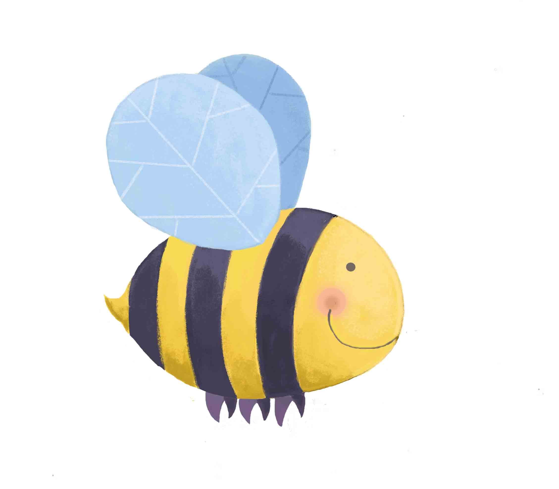 Illustration of a smiling striped bumble bee with blue wings.