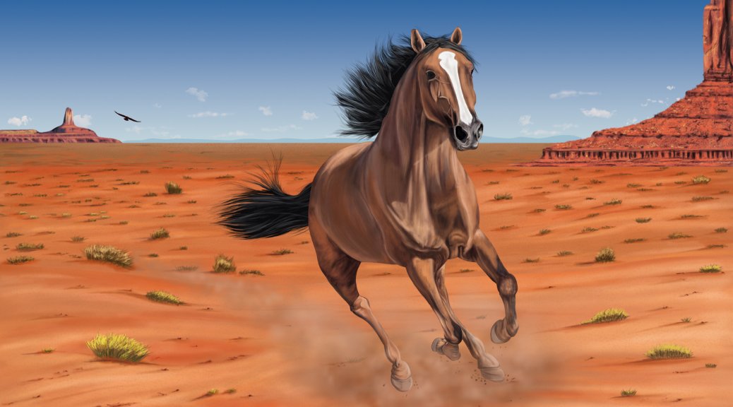 Illustration of a brown galloping horse in a desert landscape