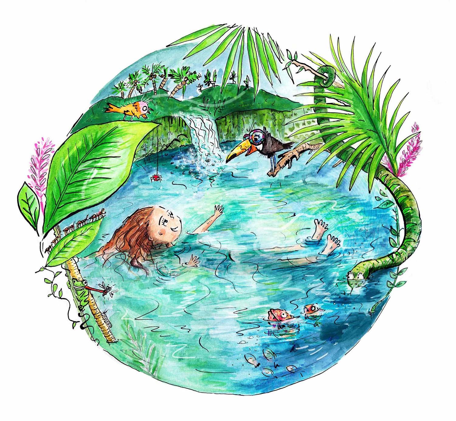 Illustration of a girl on her back in a jungle pool chatting to a toucan. Other creatures in the vegetation.